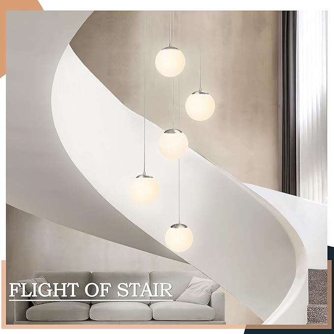 KoKo&Yukina 5-Light Globe Glass Pendant Light Adjustable Length Pendant Lights Fixtures Modern Nickel Chandelier with Milky White Glass Ceiling Lights for Foyer Hallway Bedroom (Bulb & Remote Incl.)