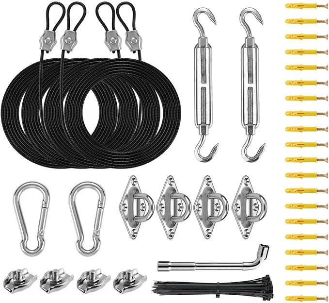 Shade Sails Installation Kits,Sun Shade Sail Hardware Kit with 4pcs 10ft Length Extension Nylon Wire Rope,Shades Awning Kit for Triangle Rectangle Shade Canopy,304 Stainless Steel, Patio Outdoor