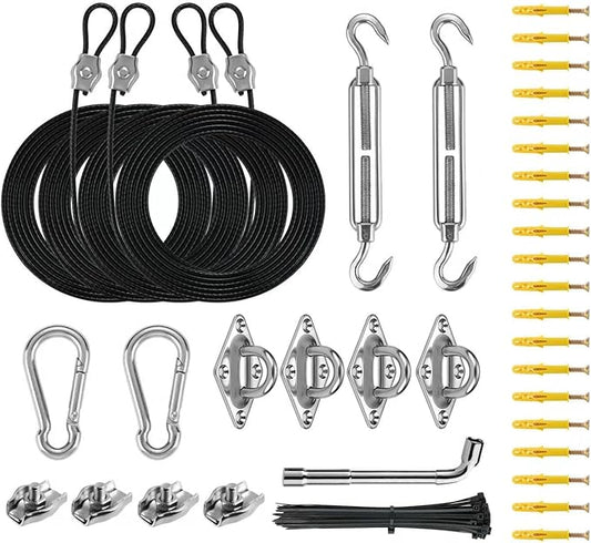 Shade Sails Installation Kits,Sun Shade Sail Hardware Kit with 4pcs 10ft Length Extension Nylon Wire Rope,Shades Awning Kit for Triangle Rectangle Shade Canopy,304 Stainless Steel, Patio Outdoor