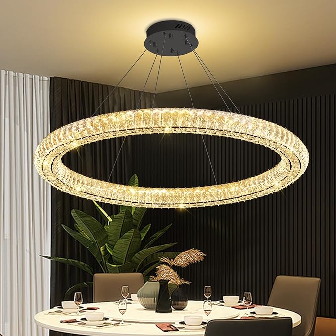 Dimmable LED 47.5" Large Ring Pendant Light Modern Black Crystal Chandelier Adjustable Round Crystal Chandelier Light for Dining Room Living Room