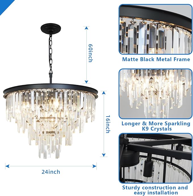 24'' Modern Crystal Chandelier, Black Round Ceiling Light with Clear Prisms, Luxury Flush Mount Lighting Fixture for Dining Room Bedroom Foyer