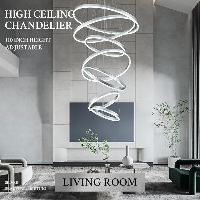 7-Rings D31.5’’ Modern LED Chandelier Silver Dimmable High Ceiling Chandeliers Foyer with Remote Control for Staircase Entryway Dining Room Living Room, 3000K-6500K