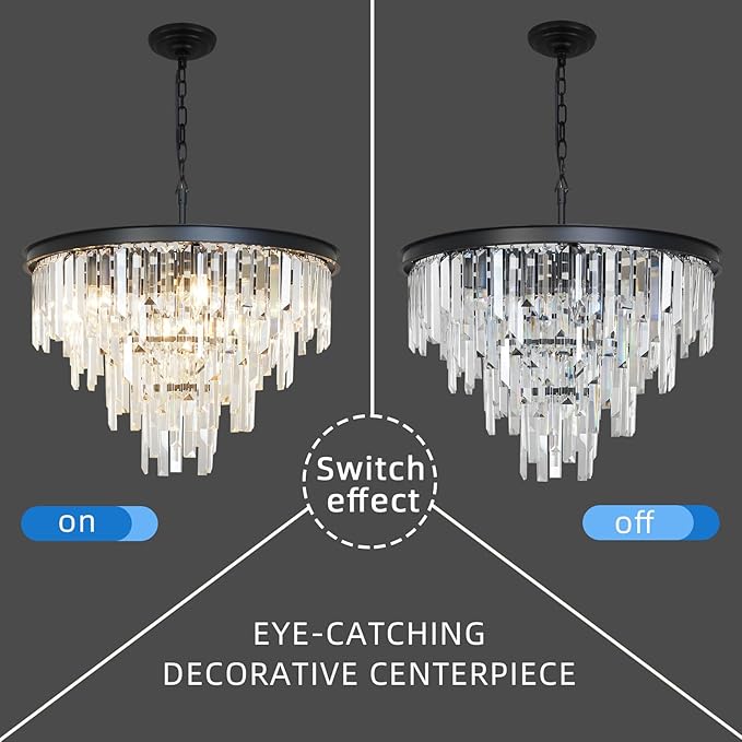 31'' Modern Crystal Chandelier, Black Round Ceiling Light with Clear Prisms, Luxury Flush Mount Lighting Fixture for Dining Room Bedroom Foyer