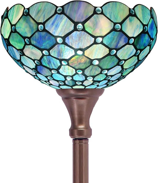 Tiffany Floor Lamp Torchiere Stained Glass Torch Lamp 12X12X67 Inch Antique Standing Corner Light (Sea Blue Pearl)
