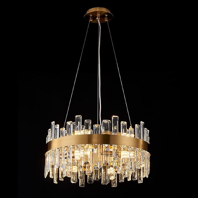 Round Crystal Chandeliers, D19.7 inch 12-Light Brass Gold Chandelier Lighting Fixture, Height Adjustable Pendant Ceiling Light for Living Room Dining Room Bedroom