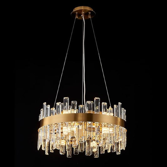 Round Crystal Chandeliers, D19.7 inch 12-Light Brass Gold Chandelier Lighting Fixture, Height Adjustable Pendant Ceiling Light for Living Room Dining Room Bedroom