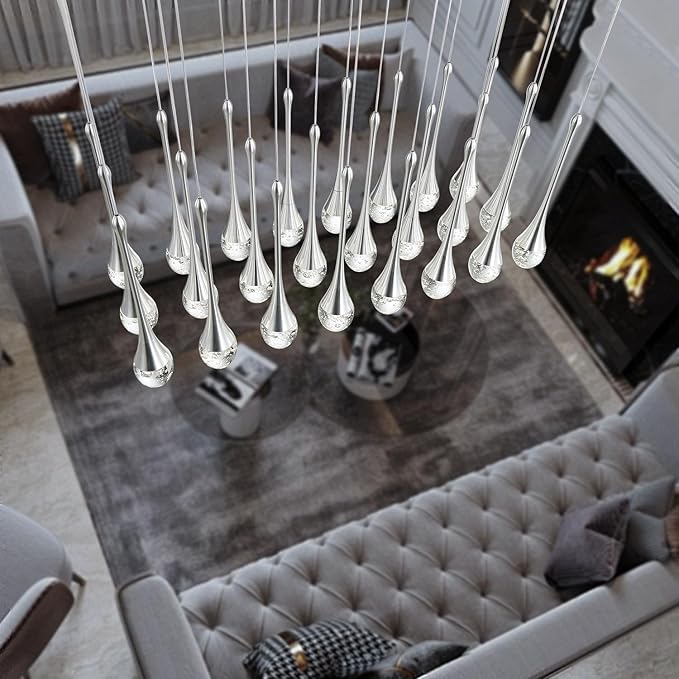 24-Lights Raindrop Chandeliers for Dining Room, Chrome Rectangular Pendant Lights Fixture,Teardrop Pendant Lights Kitchen Island, Adjustable Rectangular Chandelier for Entryway Foyer High Ceiling
