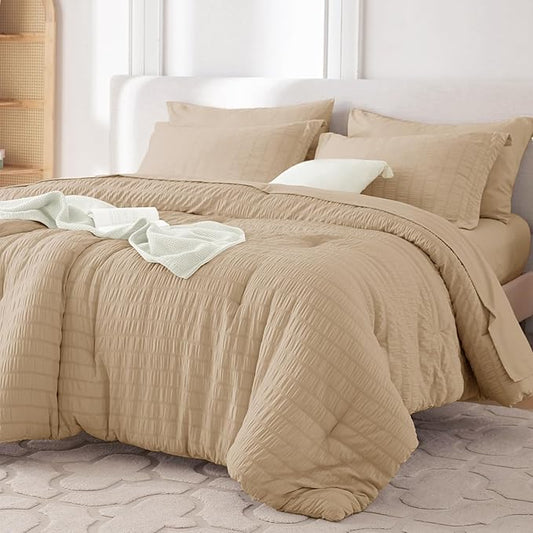 MUXHOMO 7 Pieces Full Comforter Set, Seersucker Bed in a Bag Full Size, All Season Luxury Bedding Set with Comforter, Flat Sheet, Fitted Sheet, Pillowcases & Shams, Khaki