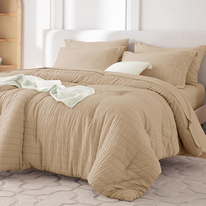MUXHOMO 7 Pieces Queen Comforter Set, Seersucker Bed in a Bag Queen Size, All Season Luxury Bedding Set with Comforter, Flat Sheet, Fitted Sheet, Pillowcases & Shams, Khaki