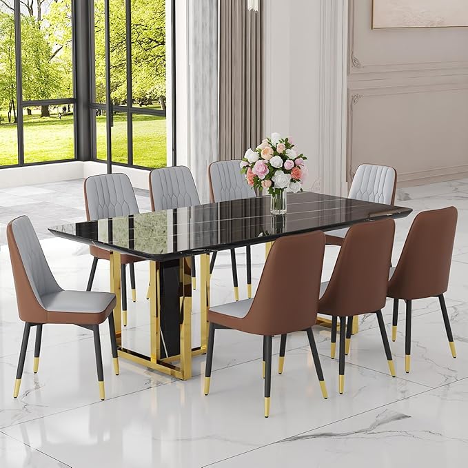 TesNus 79" Black Dining Table Set for 8 with Chairs,Large Faux Marble Kitchen Table and Chairs Set Rectangular 9 Piece Dining Room Set with Gold Metal Legs,Easy Assemble,Stable Base