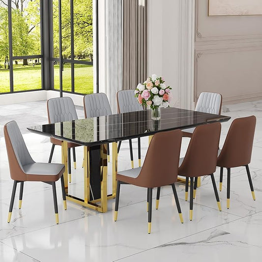 TesNus 79" Black Dining Table Set for 8 with Chairs,Large Faux Marble Kitchen Table and Chairs Set Rectangular 9 Piece Dining Room Set with Gold Metal Legs,Easy Assemble,Stable Base
