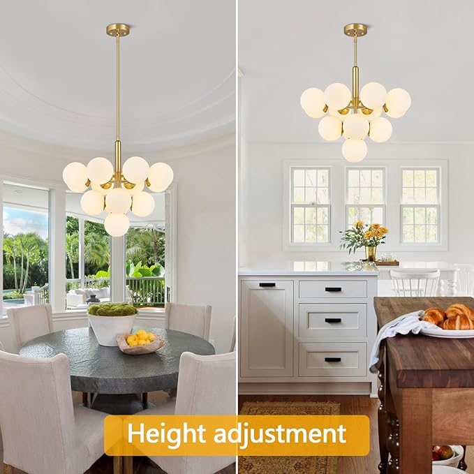 13 Lights Mid Century Modern Chandelier Gold Sputnik Chandelier Globe Pendant Lights with Milk White Glass Lampshade for Dining Room Living Room Foyer ‎‎Entryway