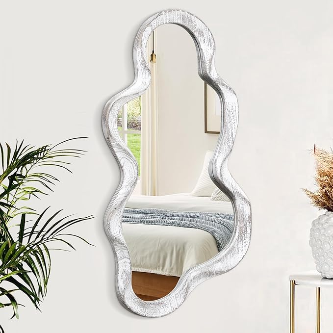 Irregular Wood Frame Mirror Asymmetrical Mirrors for Wall Unique Cloud Modern Living Room Bedroom Vanity Entryway Hallway Decorative Artistic Cute and Stylish Wall Mirror Large