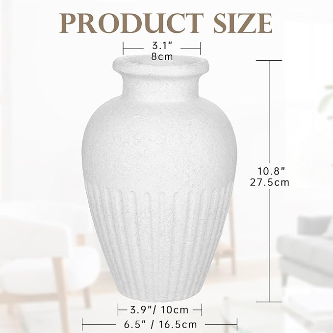 Rustic Ceramic Vase 11 Inch Farmhouse Pottery Clay Vase Distressed Flower Vases for Boho Home Decor Living Room Enterway Shelf Decor Pampas Grass - White