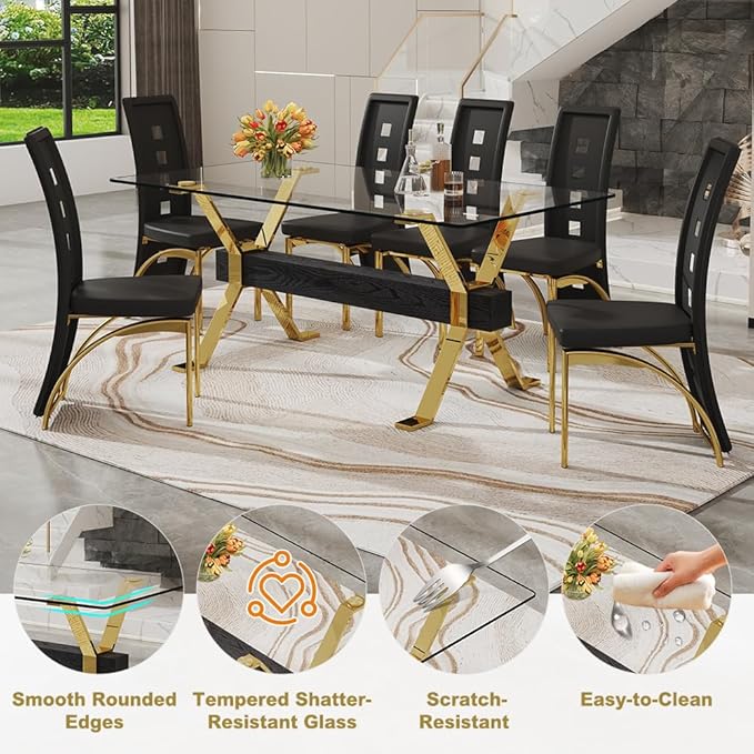 71'' Modern Dining Table Set for 6,7 Piece Glass Dining Table Set with Open‑Frame X‑Shaped Golden Metal Base,Gold Kitchen Table and Chairs Ideal for Dining Room&Home Office