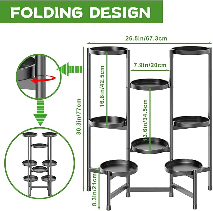 5 Tier Plant Stand Indoor Tall, Adjustable Black Plant Shelf for Multiple 8 Potted Flower Plants Holders, Corner Metal Flower Display Rack for Patio Garden Balcony Living Room Office (A)