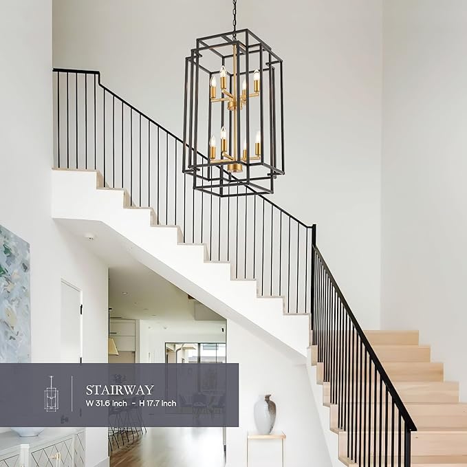 8-Light Lantern Tiered Pendant Light Fixtures, Black Metal Farmhouse Chandelier Hall Foyer Hanging Chandelier for Kitchen Island Dining Room Living Room Foyer Entryway, Black+Gold