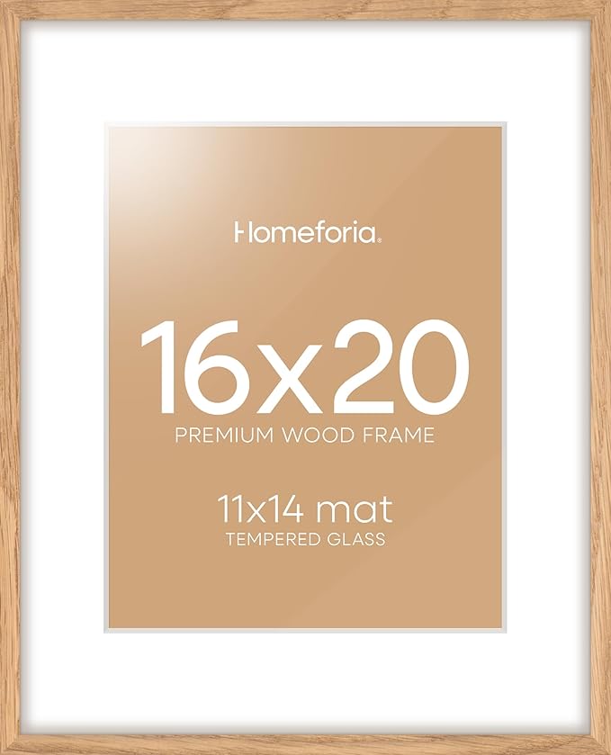 Homeforia 16x20 Wooden Frame, High End Natural Oak 16x20 Light Wood Picture Frame with Mat 11x14, 16 by 20 Poster Frames Matted to 11 x 14 Photo, 20by16 Thin Frames, Tempered Glass, Wall Kit, Set of 1