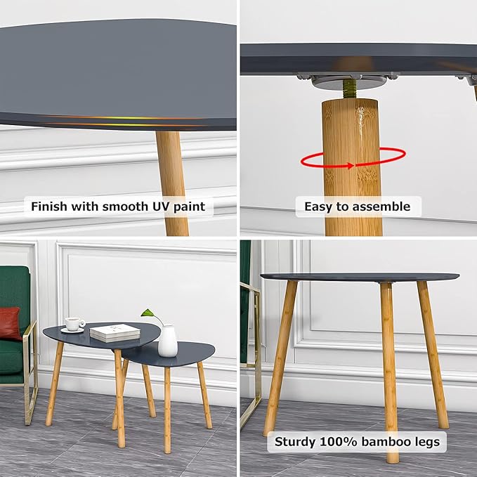 Nesting Table Set of 2 Bamboo End Table for Living Room Side Table for Bedroom Triangle Modern Coffee Table (Gray)