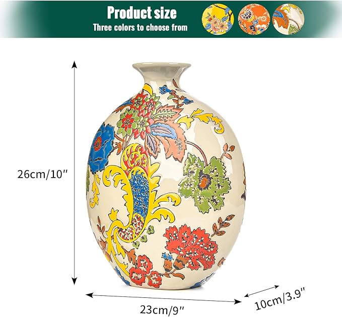 Sungmor High-Class Enamel Painted Porcelain Vase, Traditional Hand-Carved Overglaze Color Ceramic Vase for Fresh Flowers Dried Plants Arrangement, Decorative Vase for Centerpieces, Shelf, Living Room