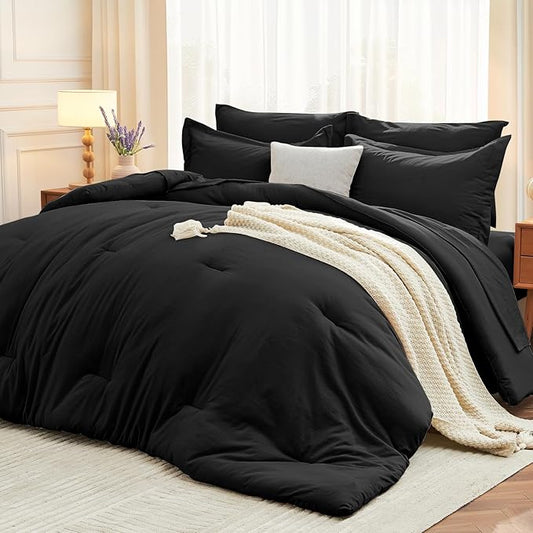 MUXHOMO 7 Pieces Full Comforter Set, Soft Bed in a Bag Full Size, All Season Bedding Set with Comforter, Flat Sheet, Fitted Sheet, Pillowcases & Shams, Black