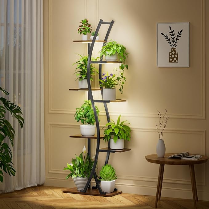 Plant Stand Indoor with Grow Lights - 7 Tiered Tall Metal Plant Shelf - Corner Wooden Plant Stand for Indoor Plants Multiple, Large S-Shape Flower Rack Holder for Living Room, Garden, Patio Decor, 62"