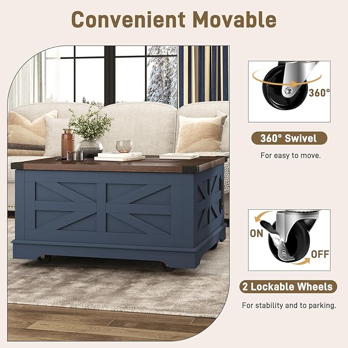 36" Farmhouse Movable Lift Top Coffee Table with Storage and Power Outlets, Square Wood Living Room Tables with Wheels&Large Hidden Space, Lift Wooden Barn Door Center Table, Blue
