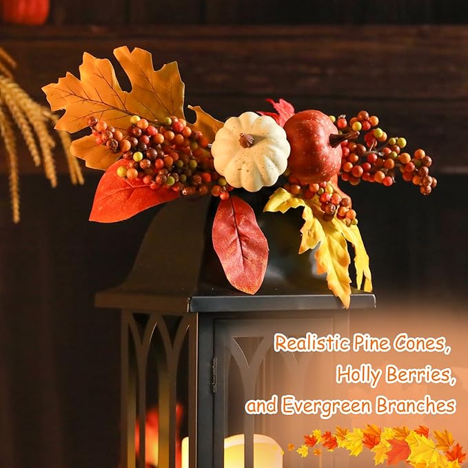 Bdor 2 Pack Fall Lantern Decor with LED Candle – 15 Inch Harvest Pumpkin Maple Leaf Hanging Lantern for Autumn Thanksgiving Table Centerpiece Indoor Outdoor Decoration, Battery Operated