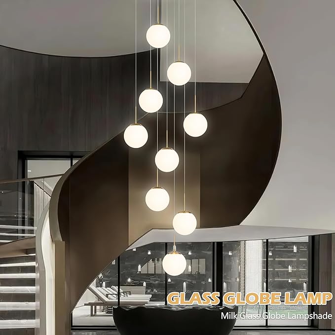 KoKo&Yukina 9-Light Globe Milky White Glass Pendant Light Adjustable Length Pendant Lights Modern Glass Globe Pendant Lights Gold Chandeliers Large Chandeliers for High Ceilings (Bulb & Remote Incl)