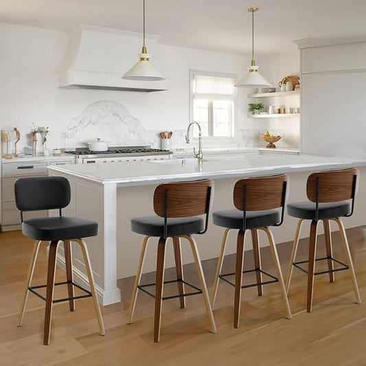 Swivel Bar Stools Set of 4, 29" Upholstered Faux Leather Barstools with Back and Bent Wood Legs, Mid Century Modern Bar Chair Island Stool for Kitchen Counter, Black