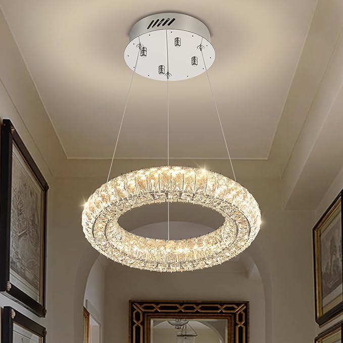 Modern Crystal Chandelier Dimmable LED 7.8" Ring Pendant Light Adjustable Round Chrome Crystal Chandelier Light Fixtures for Dining Room Living Room