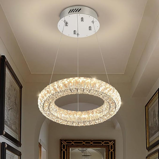 Modern Crystal Chandelier Dimmable LED 7.8" Ring Pendant Light Adjustable Round Chrome Crystal Chandelier Light Fixtures for Dining Room Living Room