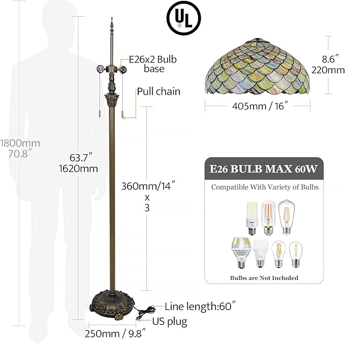 Tiffany Floor Lamp Green Wisteria Style Stained Glass Standing Reading Light 16x16x64 Inch Retro Inspired Pole Corner Lighting Art Decor for Bedroom Living Room Home Office (Green Fishscale)