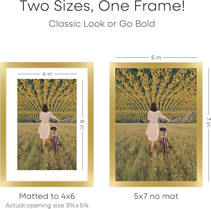 Homeforia 5x7 Picture Frame Gold, High End Metal 5 x 7 Gold Frames with Mat 4 x 6 for Print, 5by7 Desk Frame Matted to 4x6 inch Photo, 5 by 7 Wall or Tabletop Frame, Tempered Glass, Wall Kit, Set of 4
