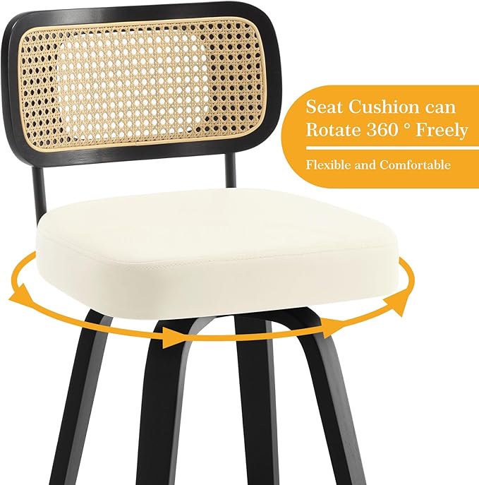 Swivel Counter Height Bar Stools Set of 4, Upholstered Faux Leather Barstools with Rattan Back, 26" Seat Height Bar Chairs Island Stools for Kitchen Counter, Black Wood Frame, Cream White