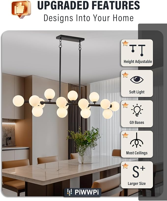 Modern Chandeliers for Dining Room Kitchen Island, 55" Long Large Linear Sputnik Globe Chandelier, 16-Light Mid Century Modern Light Fixture Over Table, Black and Milk White Bubble, GC-08