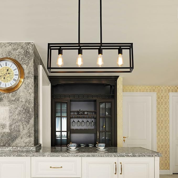 Black 4-Light Industrial Vintage Chandelier, Modern Linear Rectangular Cage Hanging Light Fixture for Farmhouse Kitchen, Dining Room, Bar, Living Room