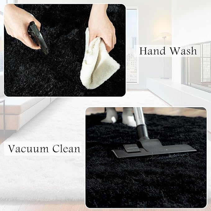 9x12 Area Rugs for Living Room, Black Fluffy Shaggy Rug Soft Carpets, Big Rugs for Bedroom Nursery Kids Room Dorm Home Decor Aesthetic
