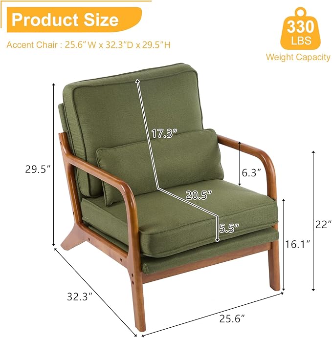 Karl home Accent Chair Mid-Century Modern Chair with Pillow Linen Fabric Upholstered Lounge Arm Chair with Solid Wood Frame & Soft Cushion for Living Room, Bedroom, Balcony, Green