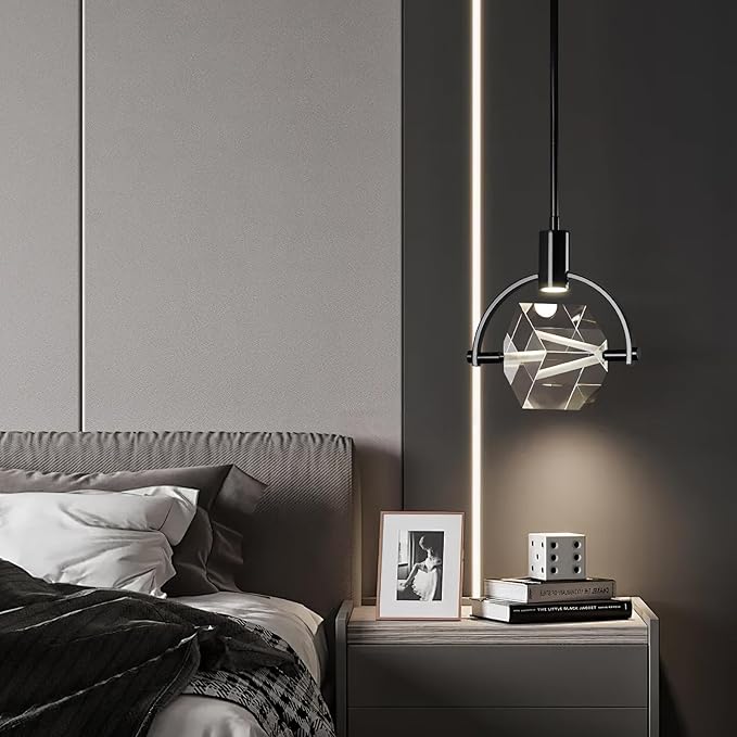 Pendant Ceiling Light Fixture for Kitchen Island, Modern Mini Integrated LED Hanging Light, Crystal Pendant Light in Black, Bedroom, Dining Room, Bar (1-Lights)