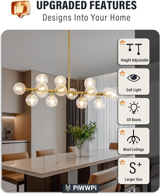 Glass Globe Sputnik Chandelier, 16-Light Mid Century Modern Light Fixture Over Table, Linear Chandeliers for Dining Room, Kitchen Island, Brass Gold and Clear Bubble, 40 Inch, GC-02