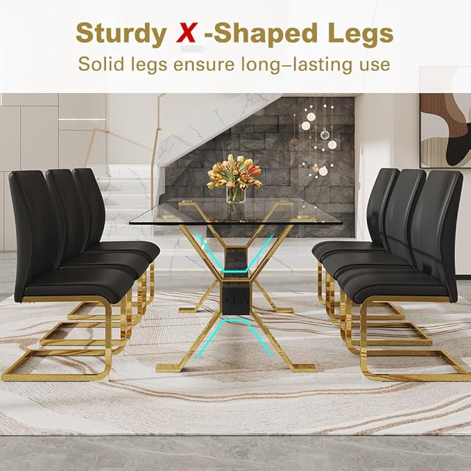 71'' Modern Dining Table Set for 6,7 Piece Glass Dining Table Set with Open‑Frame X‑Shaped Golden Metal Base,Gold Kitchen Table and Chairs Ideal for Dining Room&Home Office