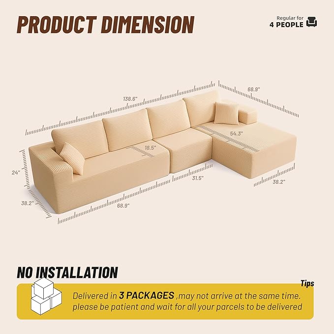 138" Boneless Couch with Deep Seat, Modular Sectional Sofa, Cloud Sectional Couch for Living Room, No Assembly Required, Corduroy, 4 Seater L-Shape Right, Camel