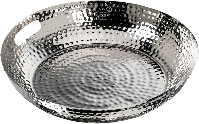 MyGift 14 Inch Deluxe Decorative Dish Tray Centerpiece Base, Silver Tone Plated Hammered Aluminum Fruit Bowl Serving Platter with Cutout Handles - Handcrafted in India
