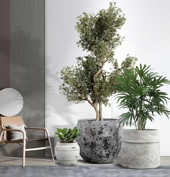 Craft flowerpots 18"+13"+9" Dia Round Concrete Planter Set of 3 Large Outdoor/Indoor Planter Pots Containers with Drainage Holes and Rubber Plug for Home Garden (White, Large)