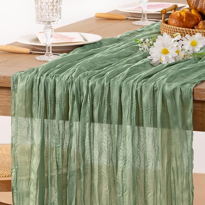 MLMC Sage Green Table Runner 10ft Rustic Gauze Fall Cheesecloth Table Runner Sage Cheese Cloth Centerpiece Decor 35x120 Inches for Boho Wedding Bridal Shower Birthday Party Decor