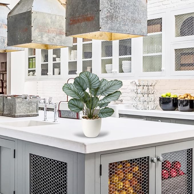 Briful 18'' Tall Fake Plant Realistic Faux Calathea Plant Artificial Plant for Home Decor Indoor Fake House Plant in White Pot for Living Room Bathroom Kitchen