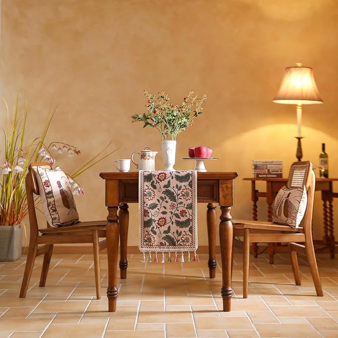 ISAENNE Designer Provence Elegant Linen Table Runner 87 Inches Long,Flower and Leaves Pattern Durable Table Runners for Dining Tables,Thanksgiving,Kitchen Tables,Christmas,12"*87"-Ratina