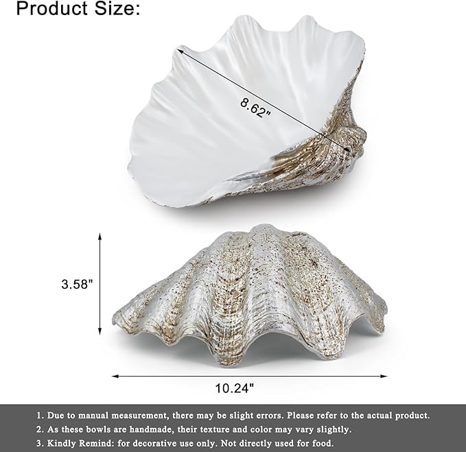 Resin Seashell Decorative Bowl Large Clam Shell Storage Bowl for Coffee Table Centerpiece Home Kitchen Entryway Table Decor Beach Themed Wedding Party Decoration (Silver-Pearl White)