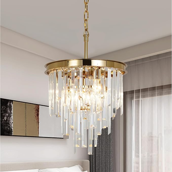 13.8'' Modern Crystal Chandelier, Gold Round Ceiling Light with Clear Prisms, Luxury Flush Mount Lighting Fixture for Dining Room Bedroom Foyer